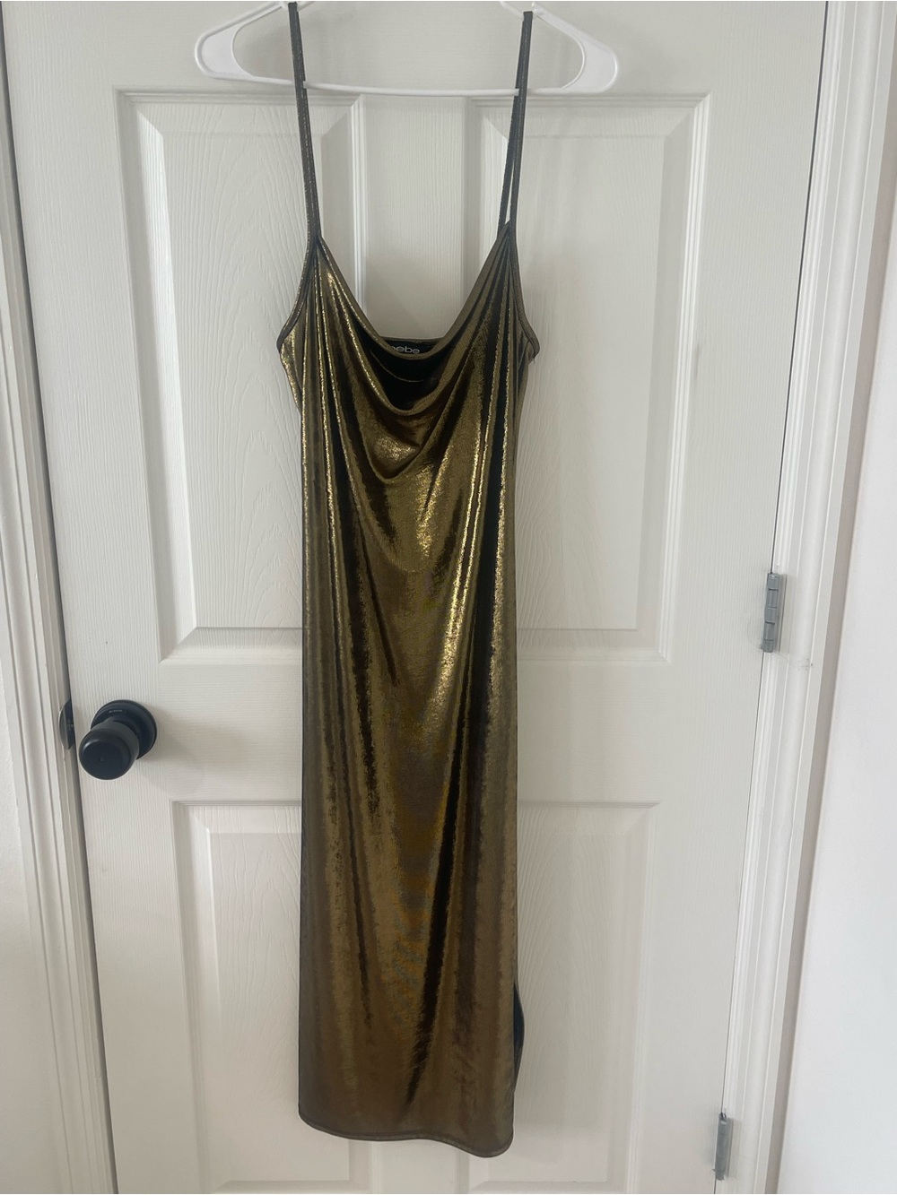 bebe Metallic Gold Cowl Slip Midi Dress
